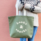 Alphabet Bags - Books & Snacks - Olive Green Canvas Tote Bag