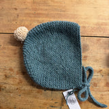 Maze Hill Studio - Knitted Baby Bonnet - Teal with Beige bobble