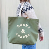 Alphabet Bags - Books & Snacks - Olive Green Canvas Tote Bag